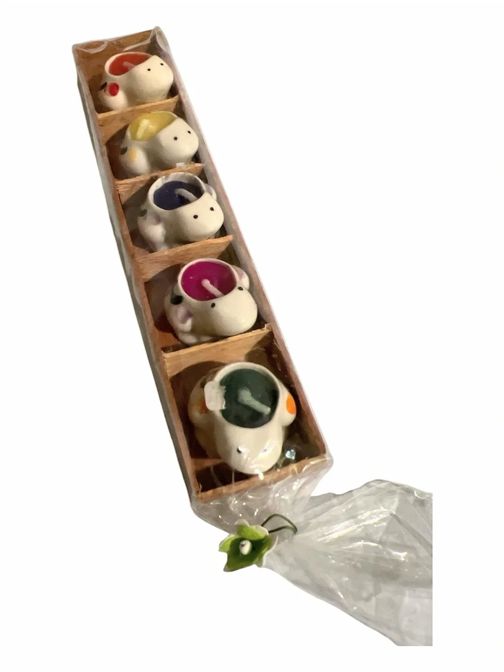 Miniature Ceramic Candle Set in Wooden Tray, Frogs